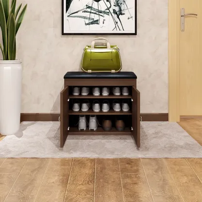 Leather Cushion Wooden Flip Top Storage Entryway Bench Image - 4