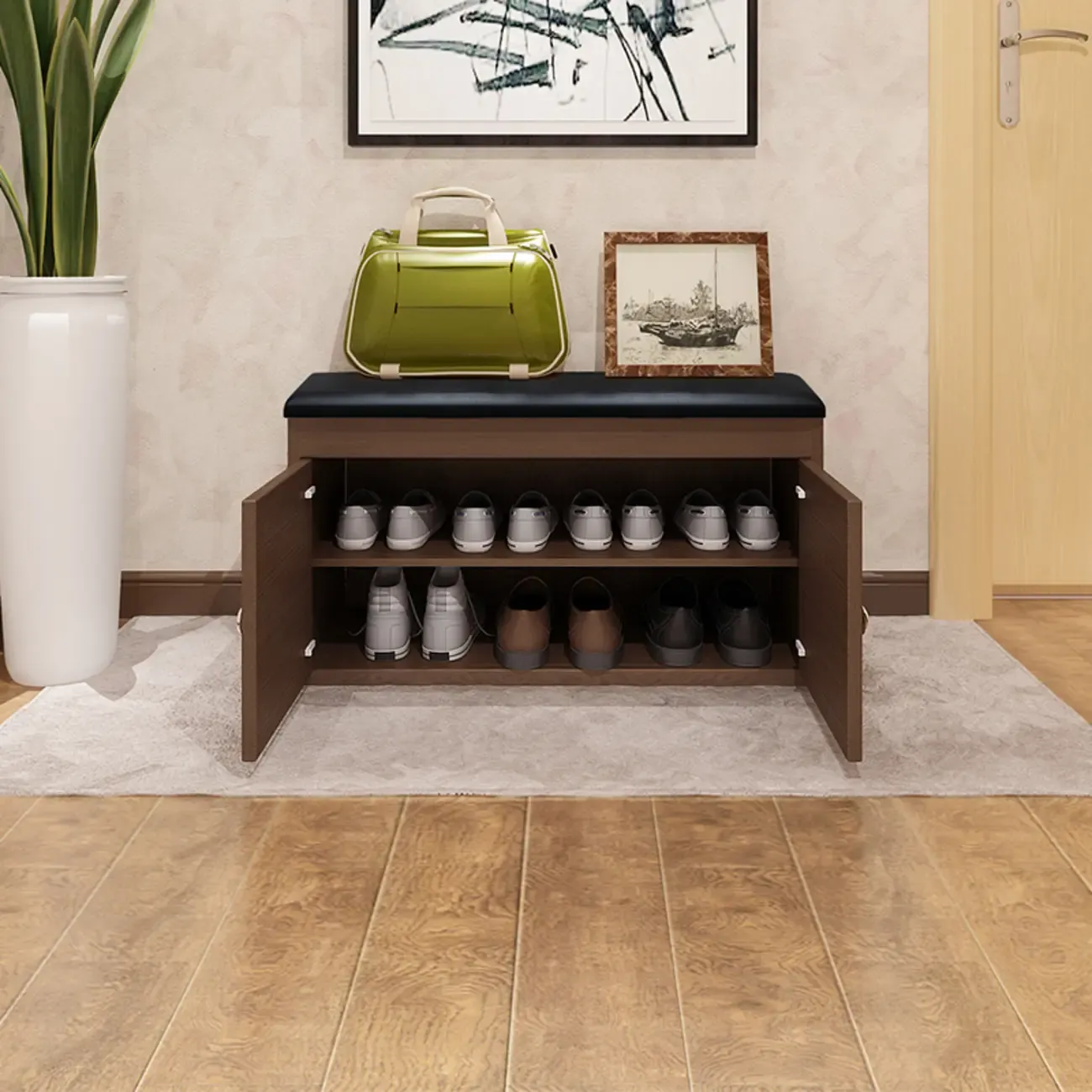 Leather Cushion Wooden Flip Top Storage Entryway Bench Image - 5