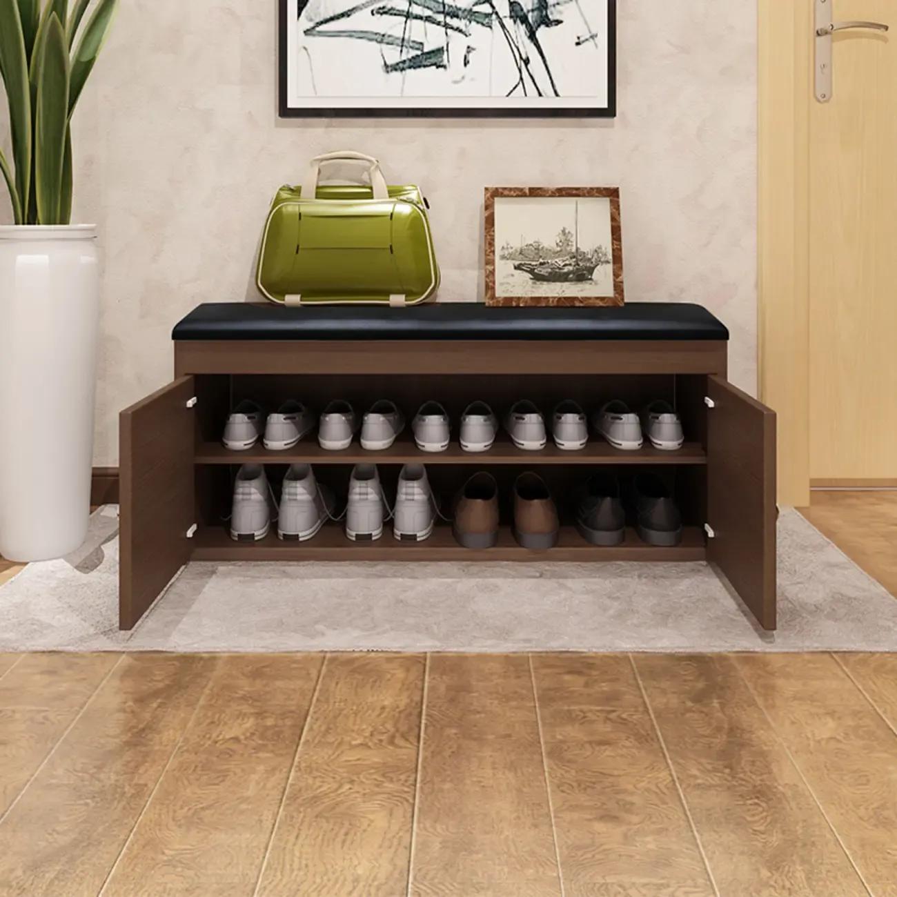 Leather Cushion Wooden Flip Top Storage Entryway Bench Image - 6