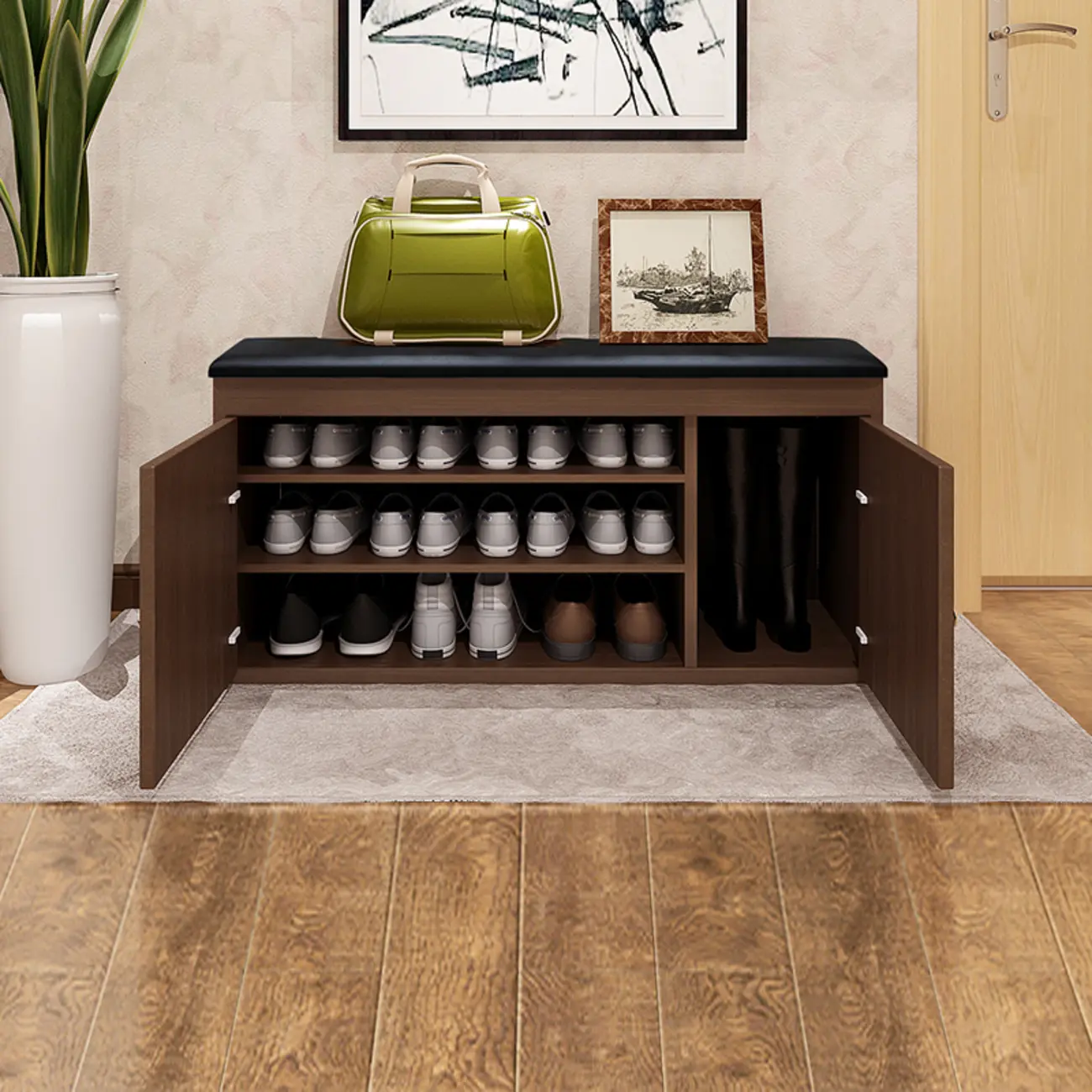 Leather Cushion Wooden Flip Top Storage Entryway Bench Image - 7 | homeyfad