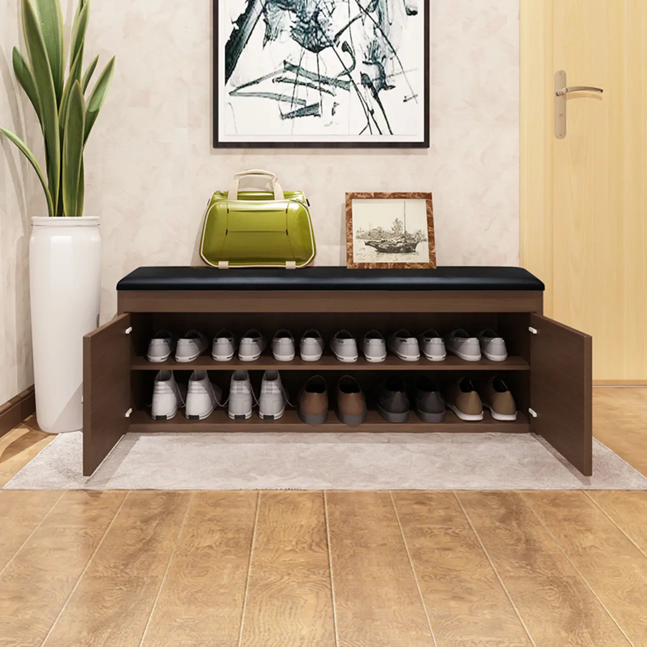 Leather Cushion Wooden Flip Top Storage Entryway Bench Image - 8 | homeyfad