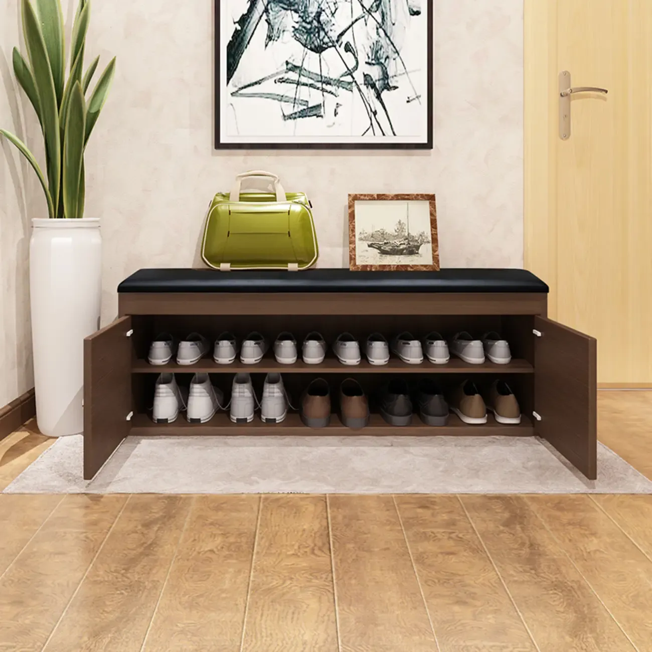 Leather Cushion Wooden Flip Top Storage Entryway Bench Image - 8