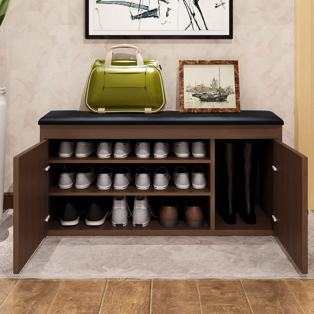 Leather Cushion Wooden Flip Top Storage Entryway Bench Image - 1 | homeyfad
