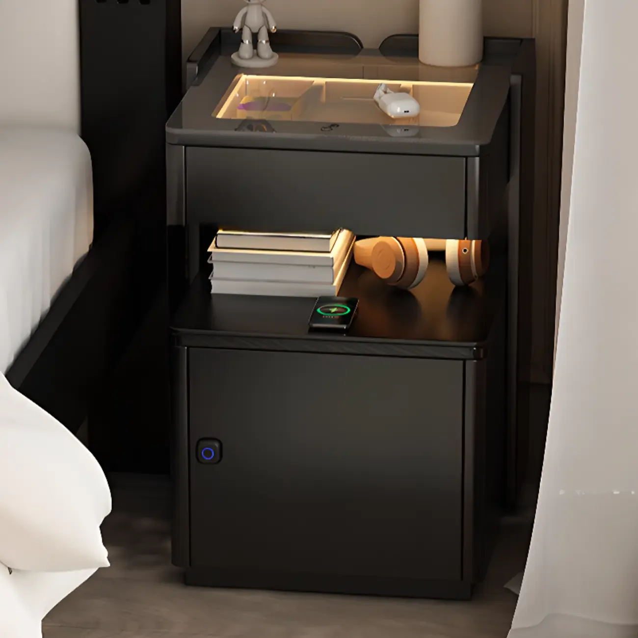 Modern Black Glass Top Drawer USB Nightstand with Cabinet Image - 1