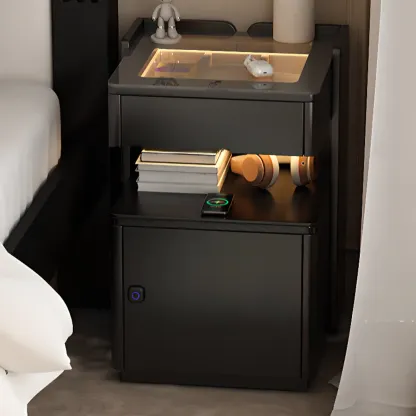 Modern Black Glass Top Drawer USB Nightstand with Cabinet Image - 1
