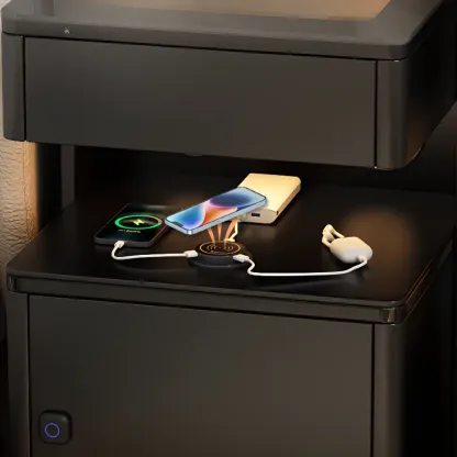 Modern Black Glass Top Drawer USB Nightstand with Cabinet Image - 4