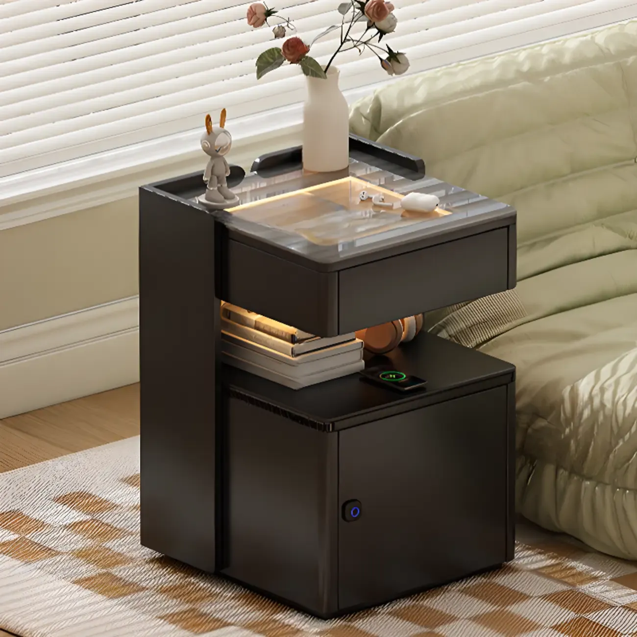 Modern Black Glass Top Drawer USB Nightstand with Cabinet Image - 2