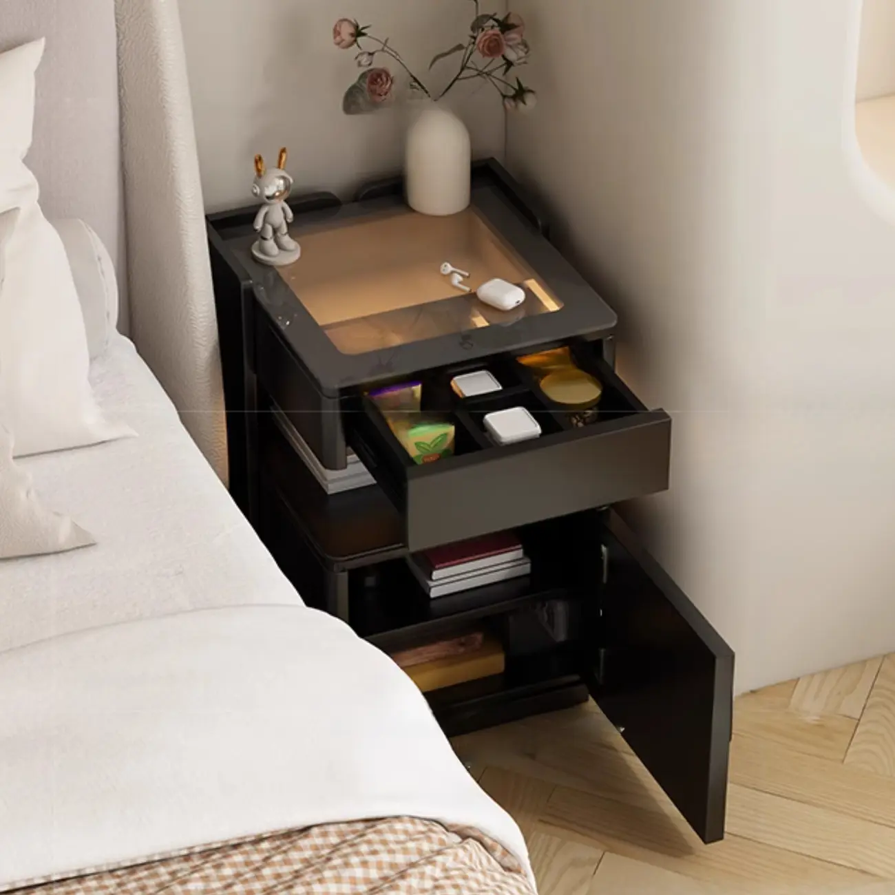 Modern Black Glass Top Drawer USB Nightstand with Cabinet Image - 3 | homeyfad