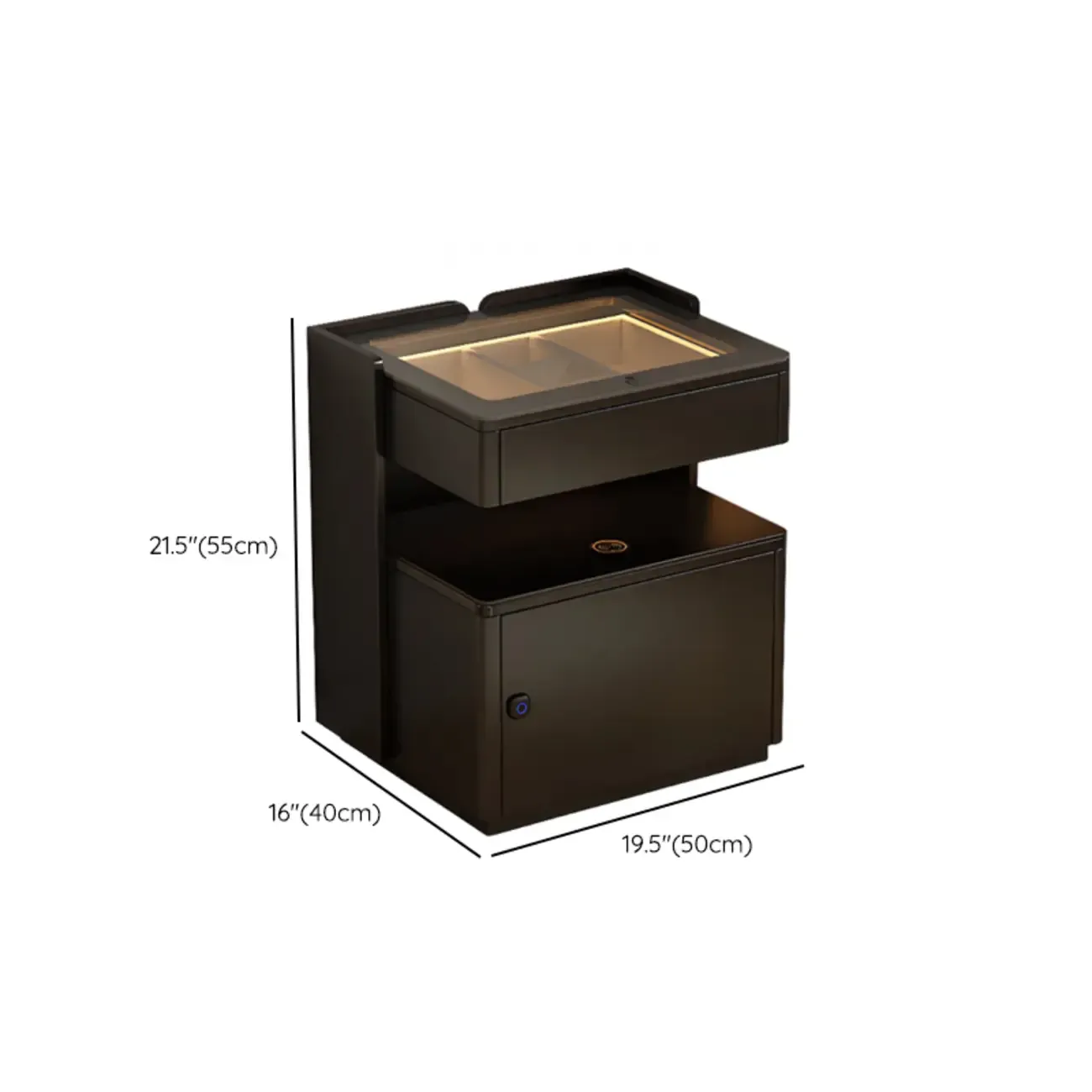 Modern Black Glass Top Drawer USB Nightstand with Cabinet #size