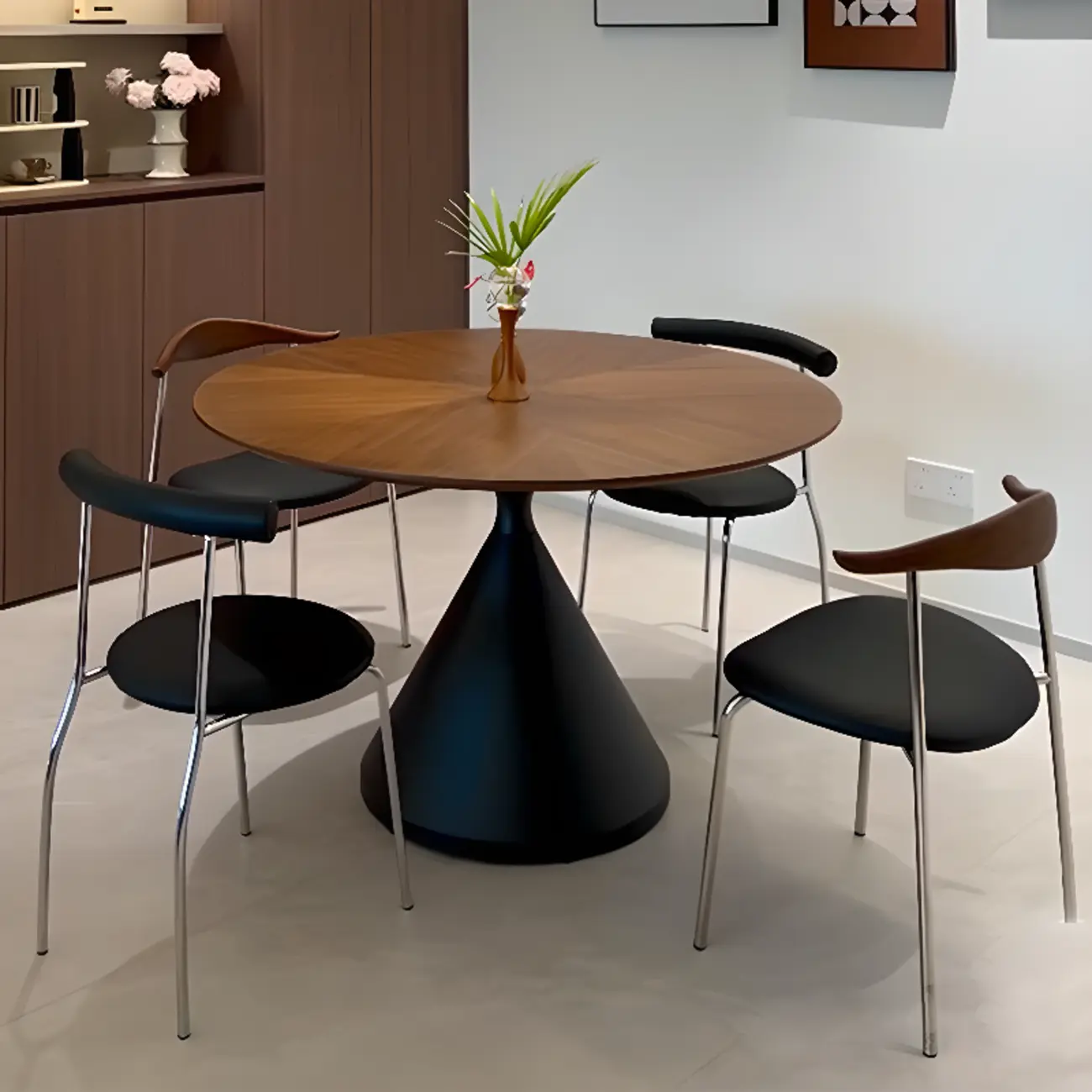 Modern Brown Round Wood Metal Cone Base Dining Table Image - 3 | homeyfad