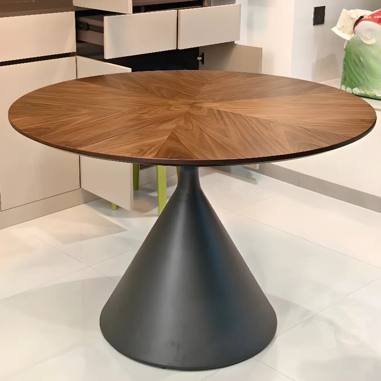 Modern Brown Round Wood Metal Cone Base Dining Table Image - 5 | homeyfad