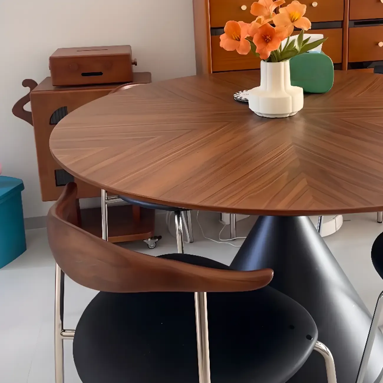 Modern Brown Round Wood Metal Cone Base Dining Table Image - 6