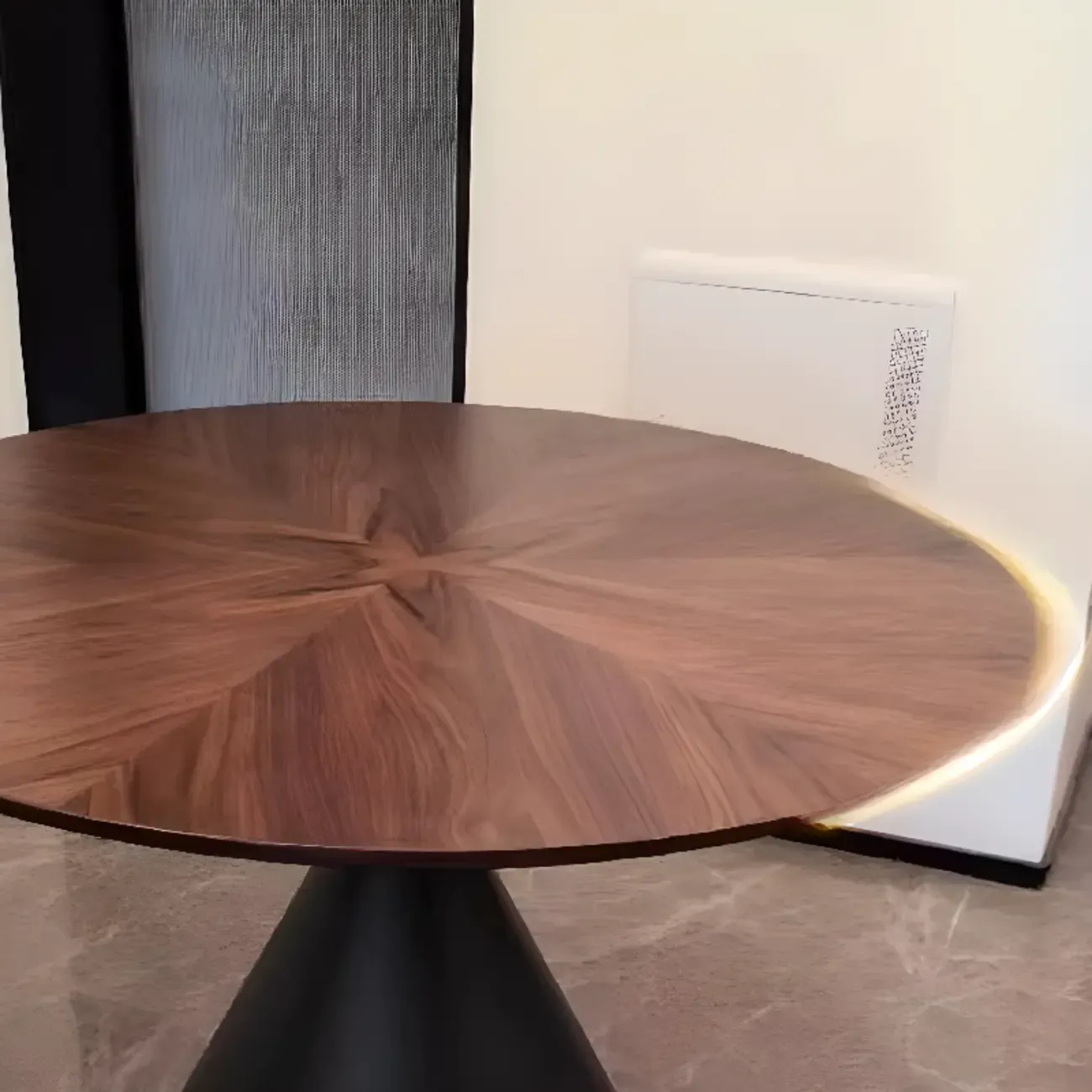 Modern Brown Round Wood Metal Cone Base Dining Table Image - 8