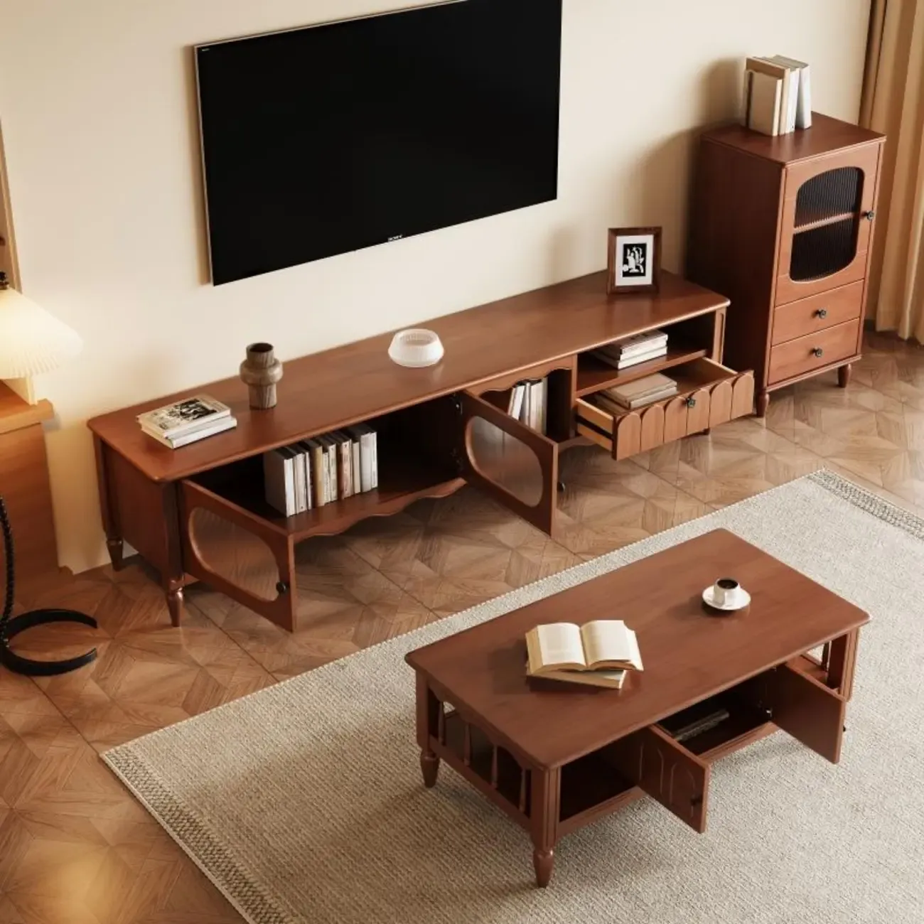 Modern Wooden TV Stand with Shelves and Storage