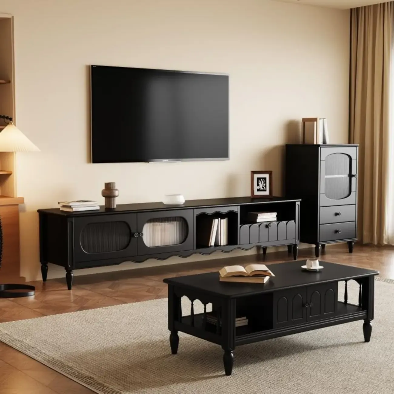 Modern Wooden TV Stand with Shelves and Storage