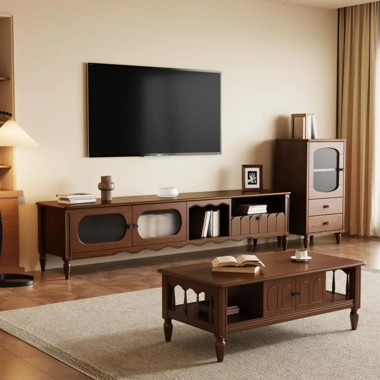 Modern Wooden TV Stand with Shelves and Storage