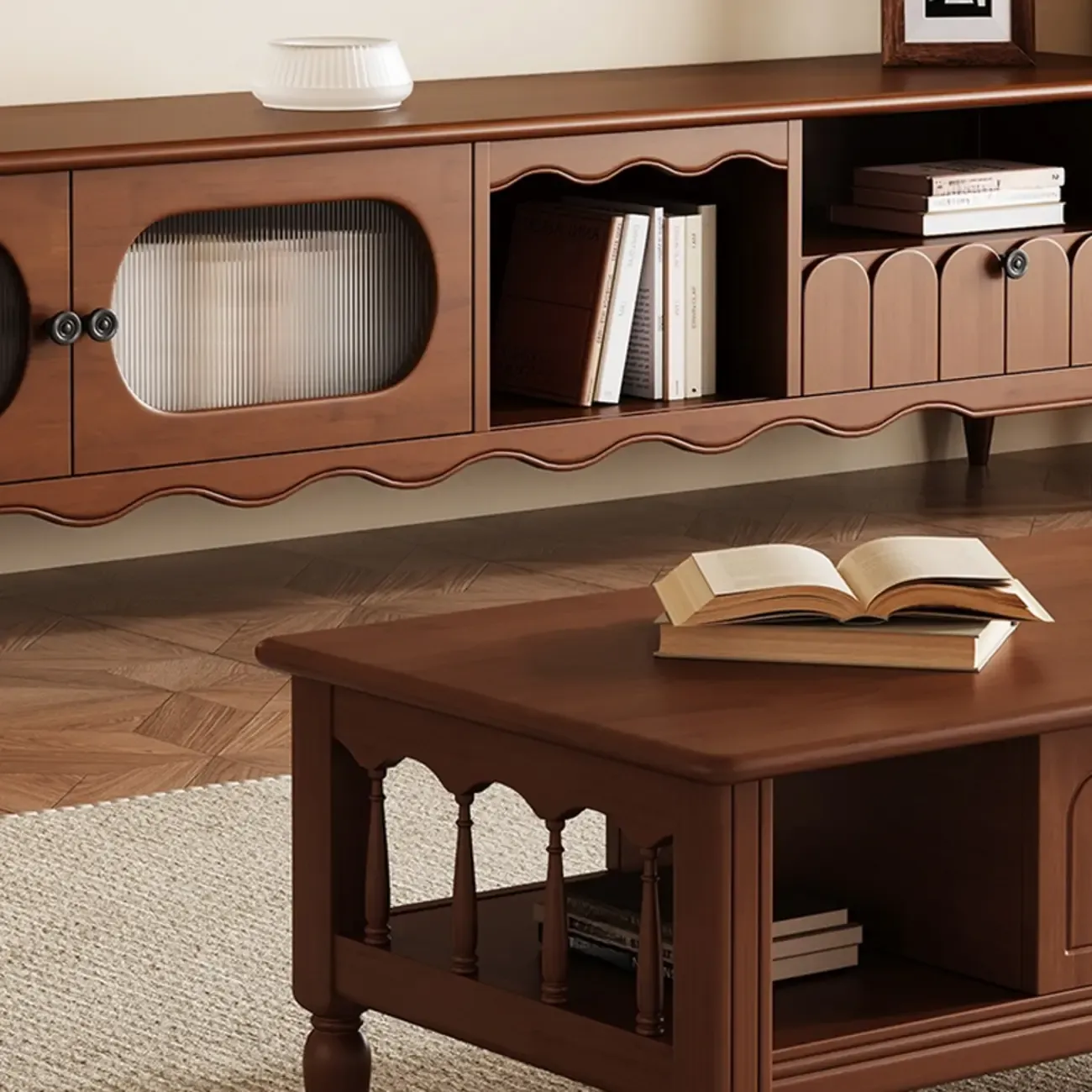 Modern Wooden TV Stand with Shelves and Storage