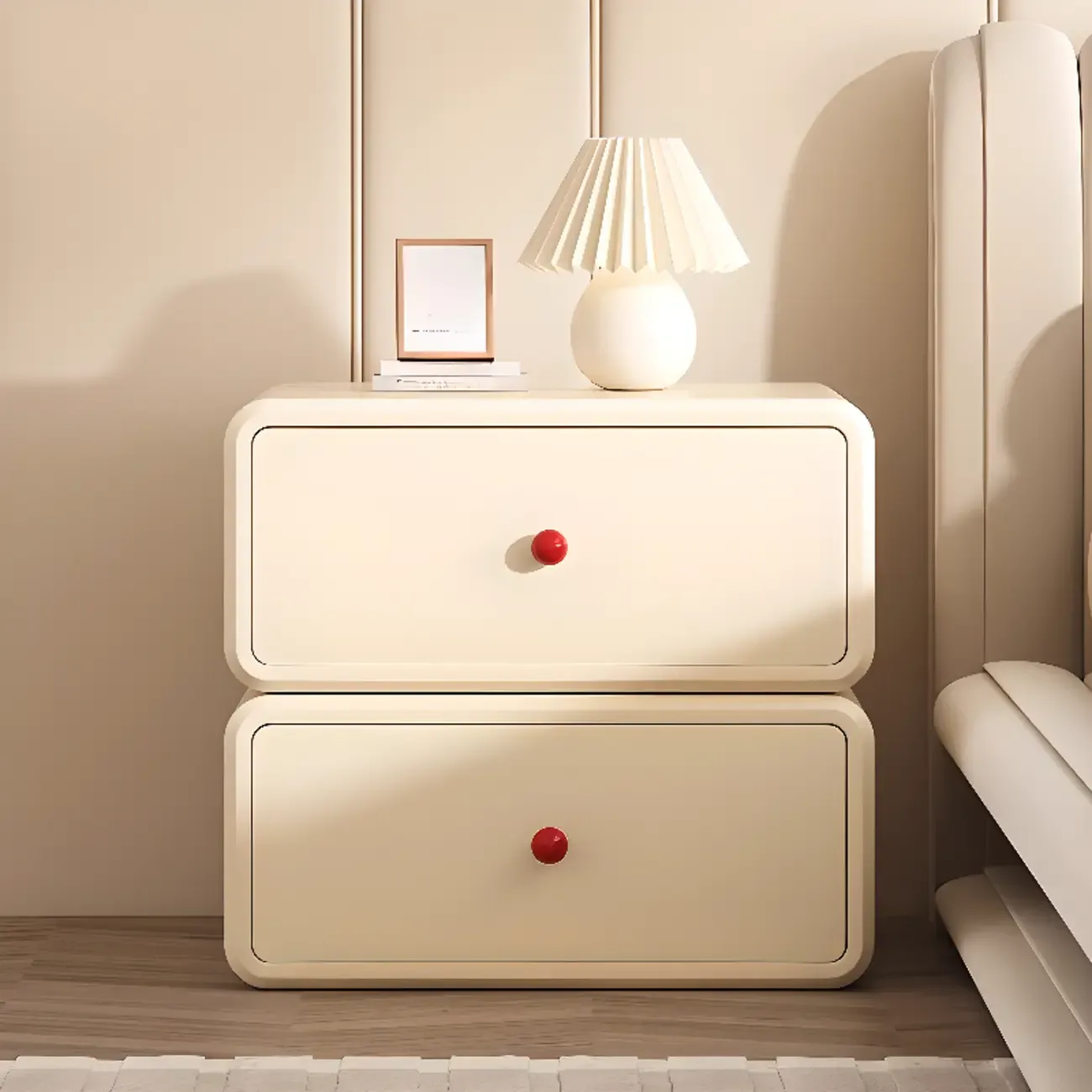 Art Deco Wood Faux Leather Red-Ball Pulls 2-Drawer Nightstand Image - 1