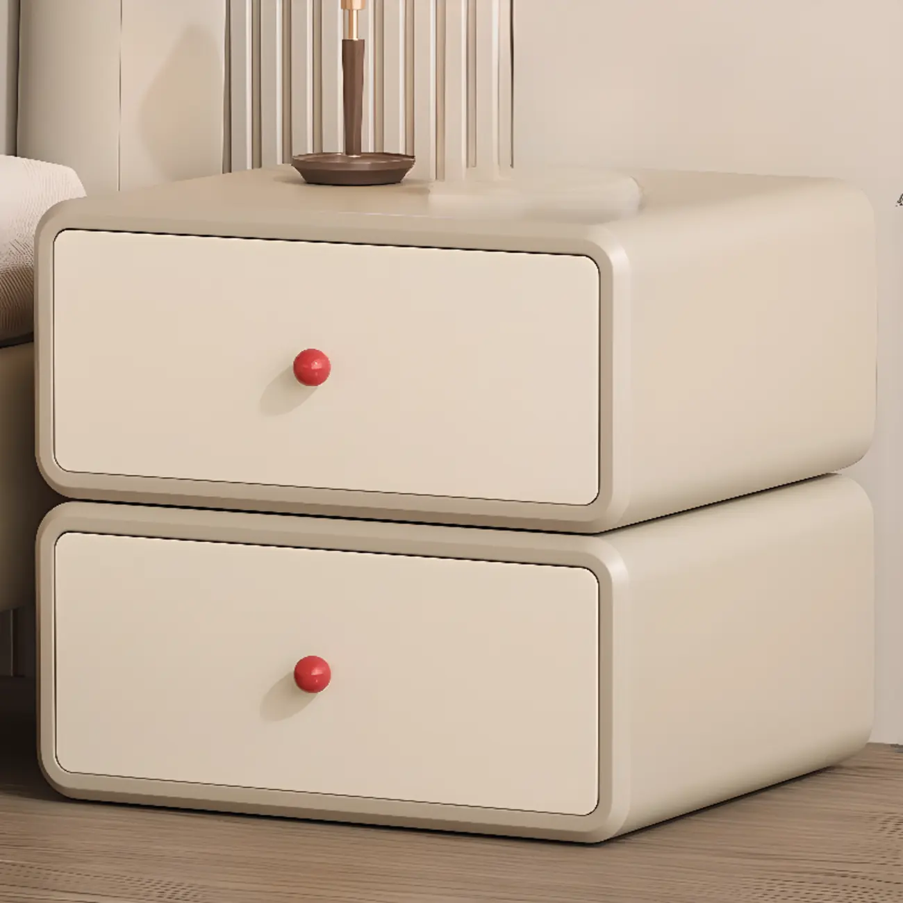 Art Deco Wood Faux Leather Red-Ball Pulls 2-Drawer Nightstand Image - 5 | homeyfad