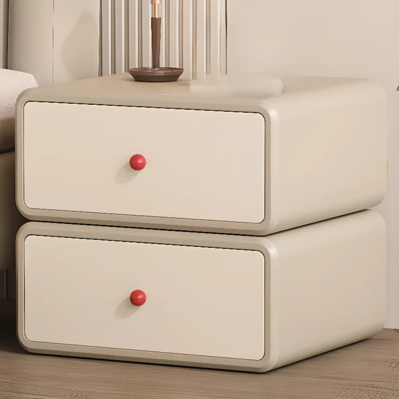 Art Deco Wood Faux Leather Red-Ball Pulls 2-Drawer Nightstand Image - 5