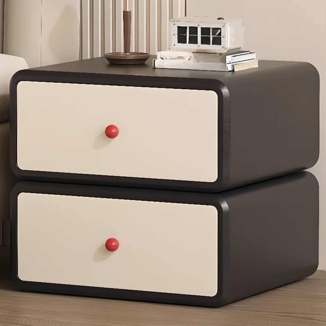 Art Deco Wood Faux Leather Red-Ball Pulls 2-Drawer Nightstand Image - 6 | homeyfad