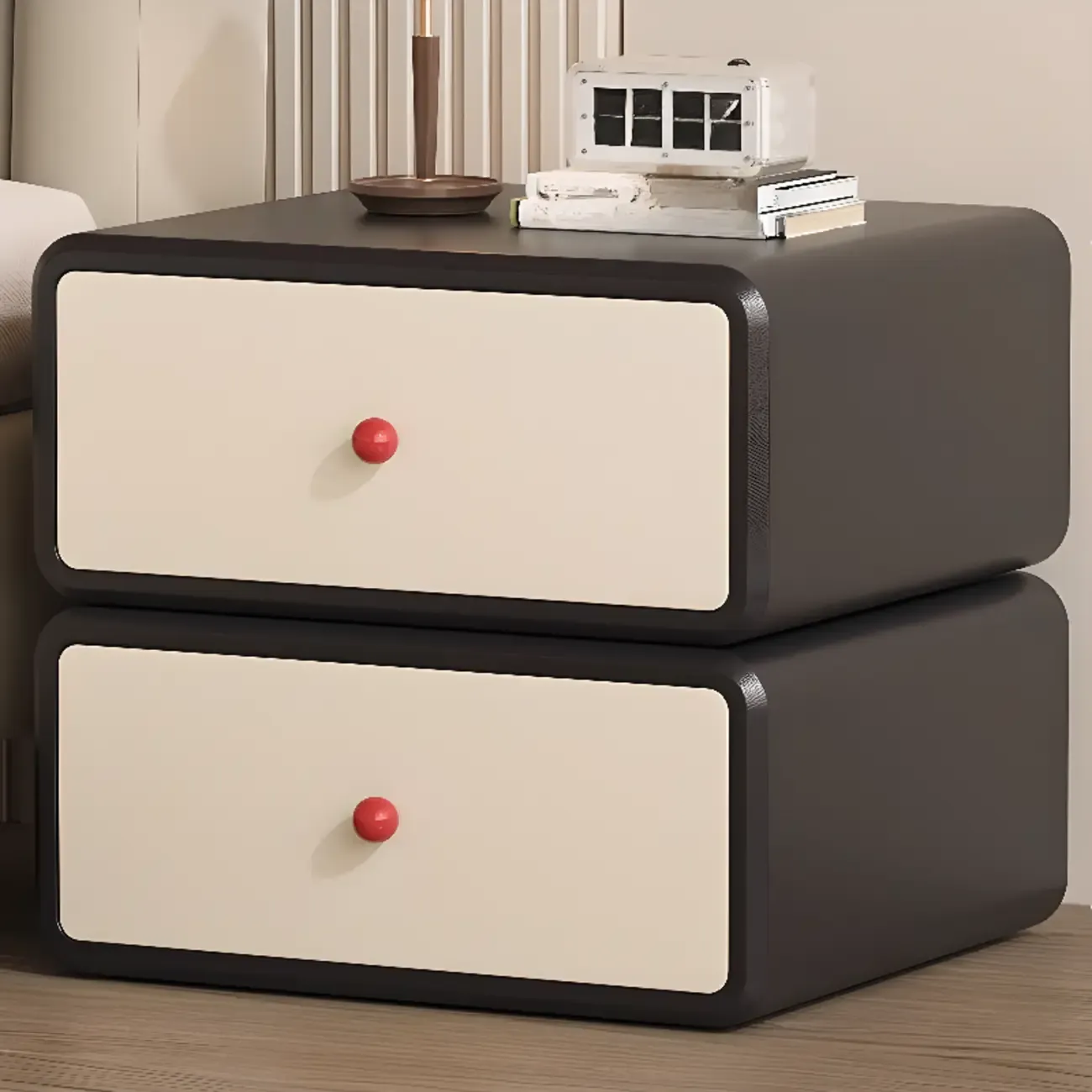 Art Deco Wood Faux Leather Red-Ball Pulls 2-Drawer Nightstand Image - 6
