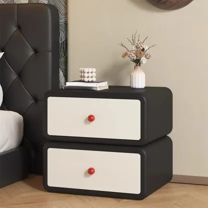 Art Deco Wood Faux Leather Red-Ball Pulls 2-Drawer Nightstand Image - 3