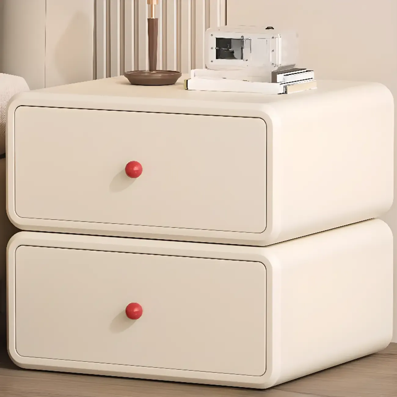 Art Deco Wood Faux Leather Red-Ball Pulls 2-Drawer Nightstand Image - 4