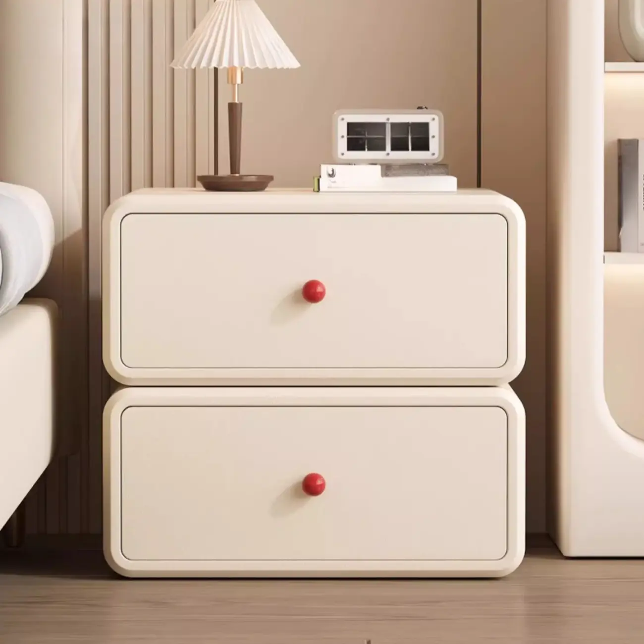 Art Deco Wood Faux Leather Red-Ball Pulls 2-Drawer Nightstand Image - 2 | homeyfad