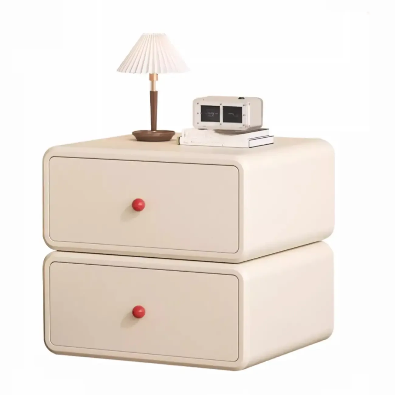 Art Deco Wood Faux Leather Red-Ball Pulls 2-Drawer Nightstand Image - 8