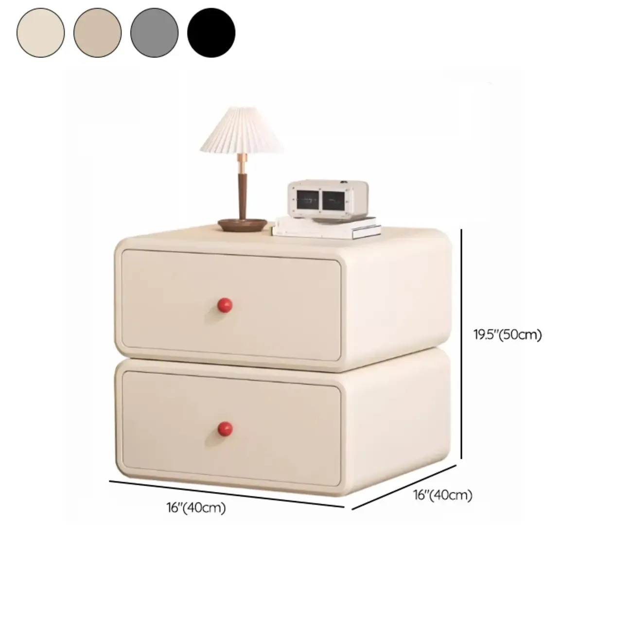 Art Deco Wood Faux Leather Red-Ball Pulls 2-Drawer Nightstand #size