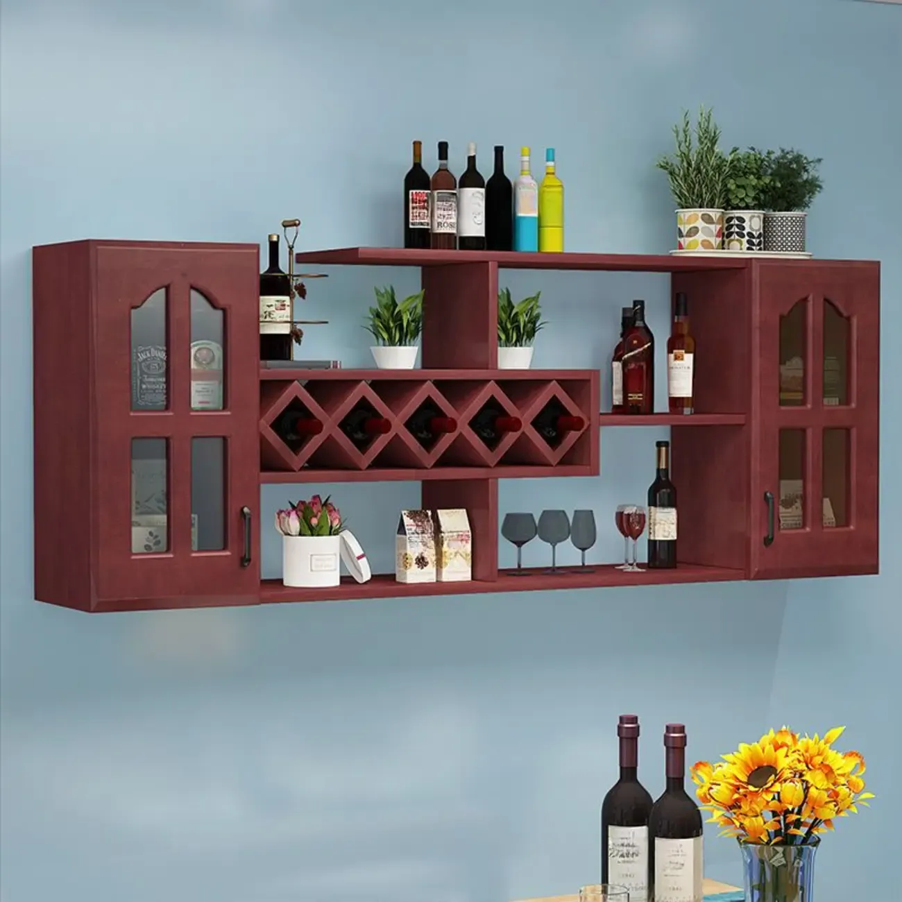 Simple Woodworking Wall-fixed Bottle Holder Rack with Bar Glass Holder Shelf and Open Wine Rack Image - 1