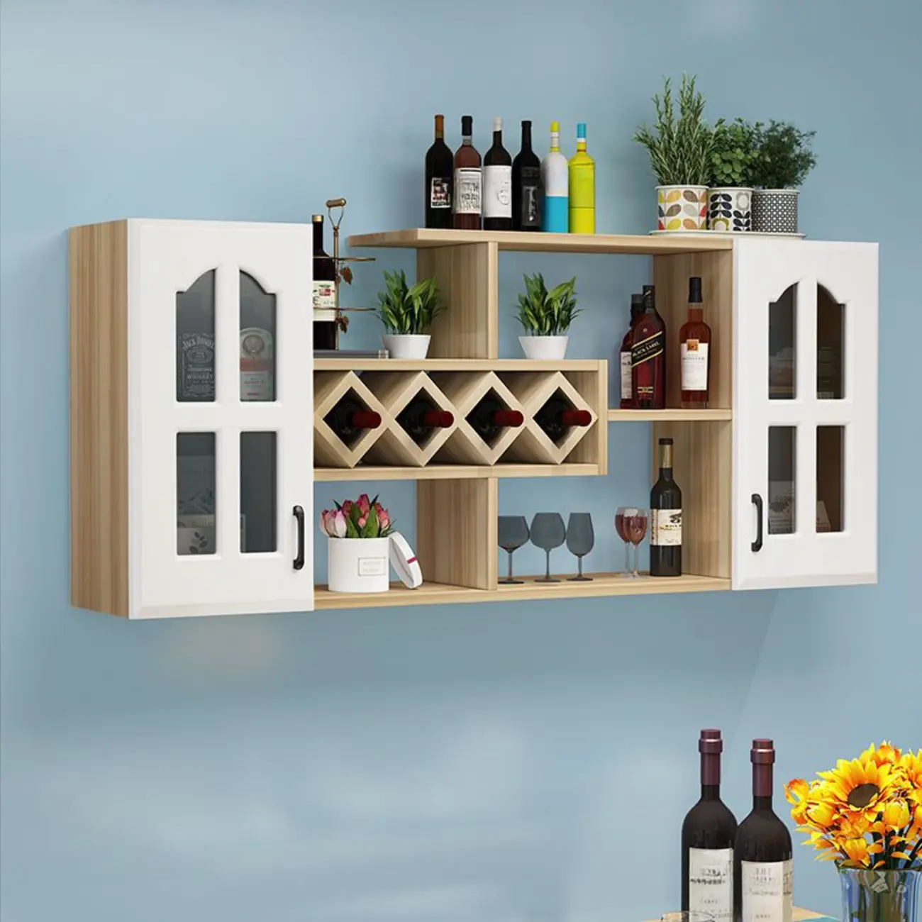 Simple Woodworking Wall-fixed Bottle Holder Rack with Bar Glass Holder Shelf and Open Wine Rack Image - 2 | homeyfad