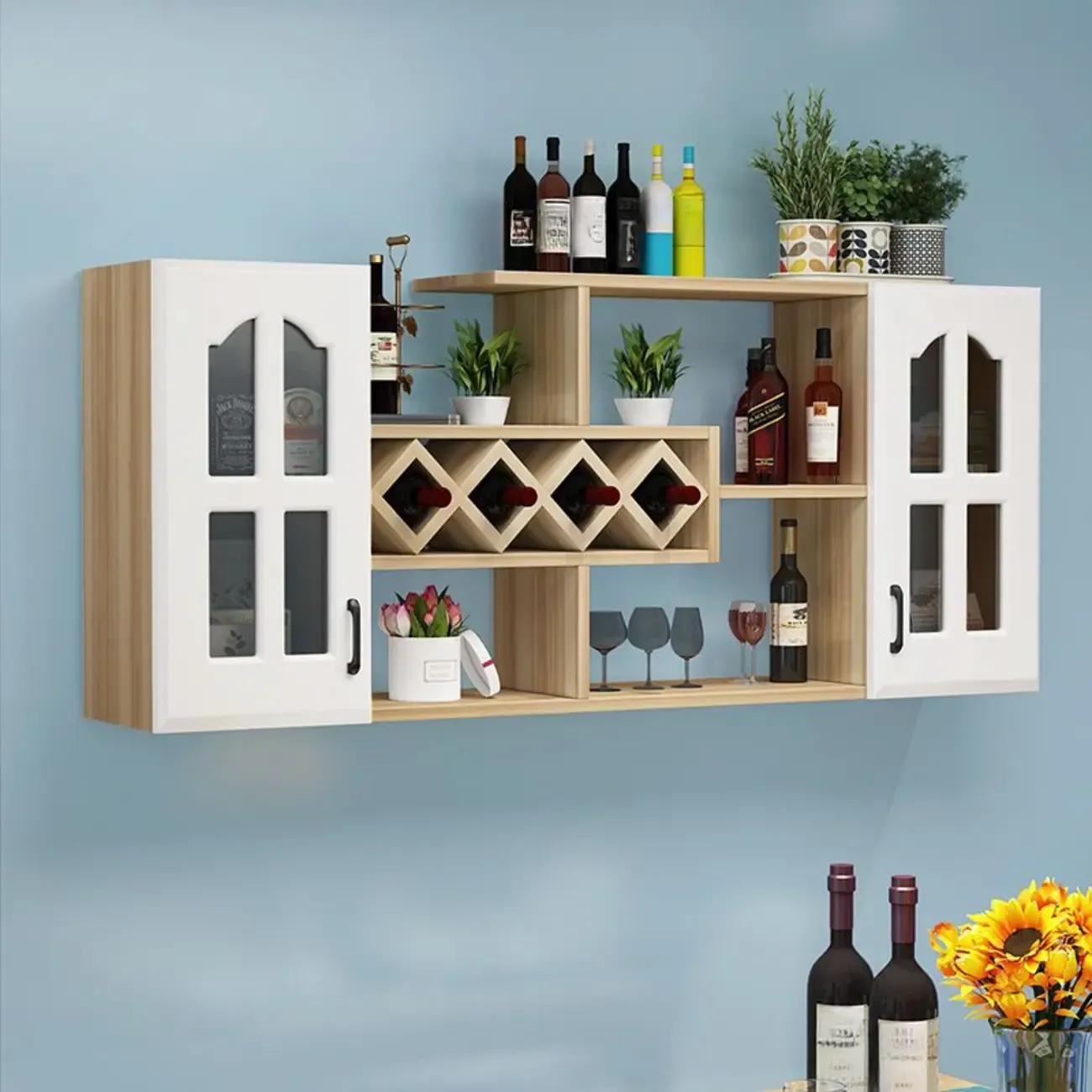 Simple Woodworking Wall-fixed Bottle Holder Rack with Bar Glass Holder Shelf and Open Wine Rack Image - 2