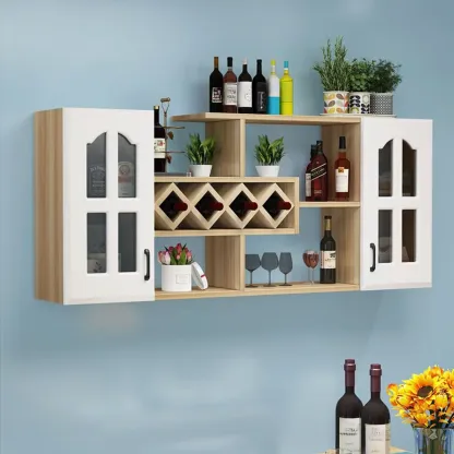 Simple Woodworking Wall-fixed Bottle Holder Rack with Bar Glass Holder Shelf and Open Wine Rack Image - 2