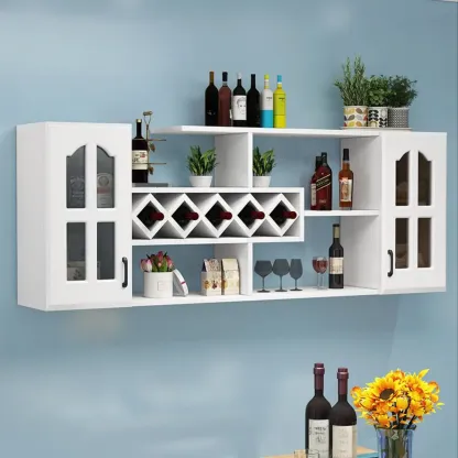 Simple Woodworking Wall-fixed Bottle Holder Rack with Bar Glass Holder Shelf and Open Wine Rack Image - 3