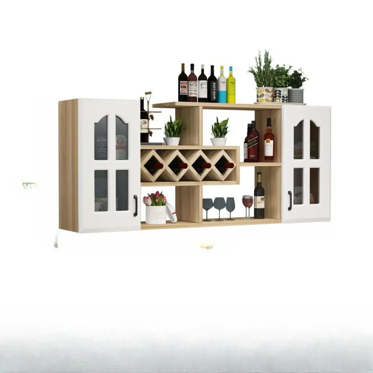 Simple Woodworking Wall-fixed Bottle Holder Rack with Bar Glass Holder Shelf and Open Wine Rack Image - 7