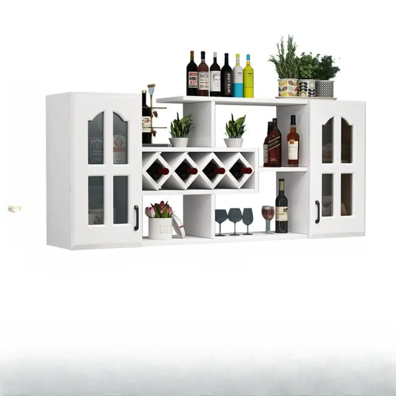 Simple Woodworking Wall-fixed Bottle Holder Rack with Bar Glass Holder Shelf and Open Wine Rack Image - 8