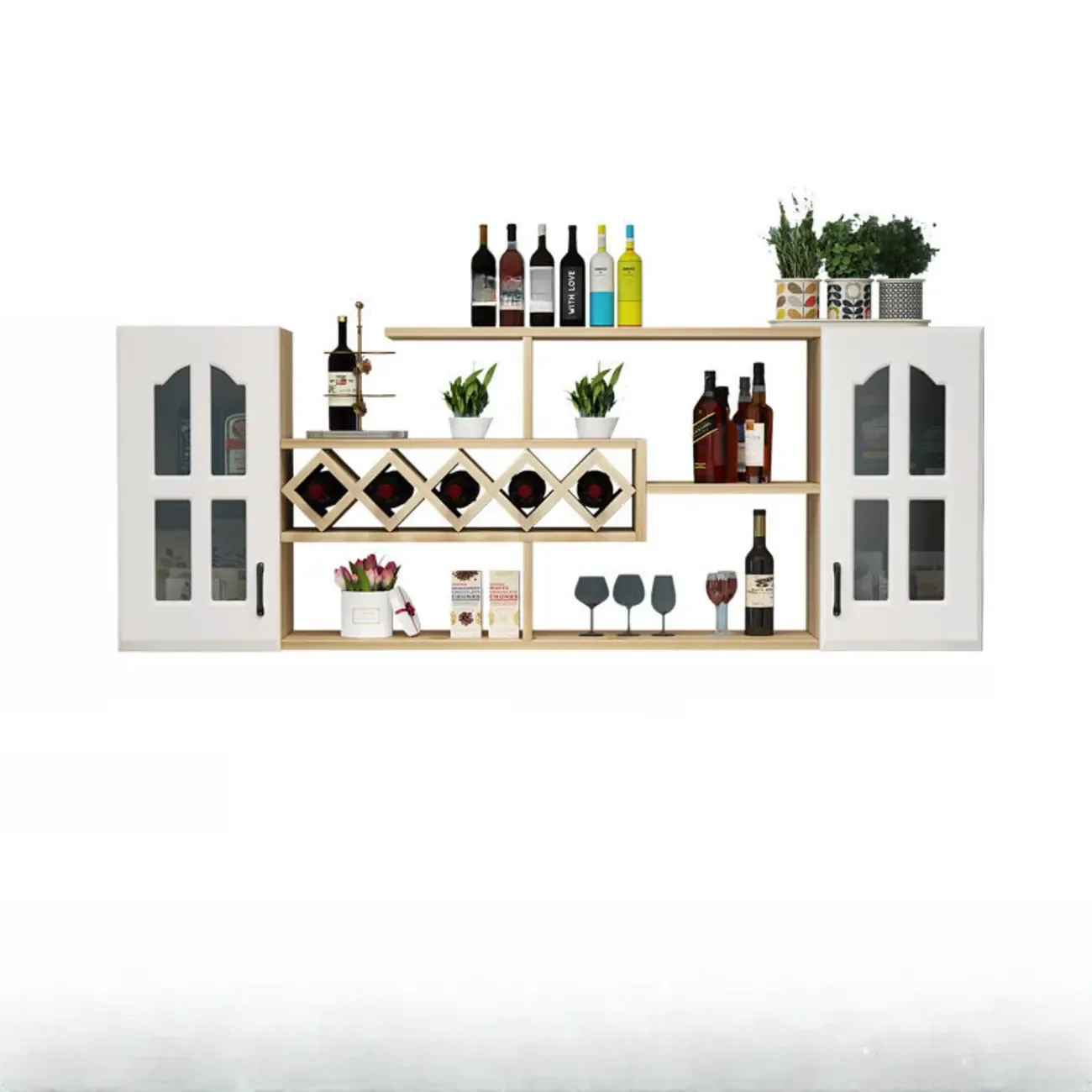 Simple Woodworking Wall-fixed Bottle Holder Rack with Bar Glass Holder Shelf and Open Wine Rack Image - 15