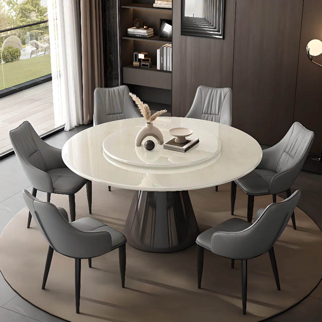 Modern White Stone Black Metal Pedestal Round Dining Table Image - 1 | homeyfad