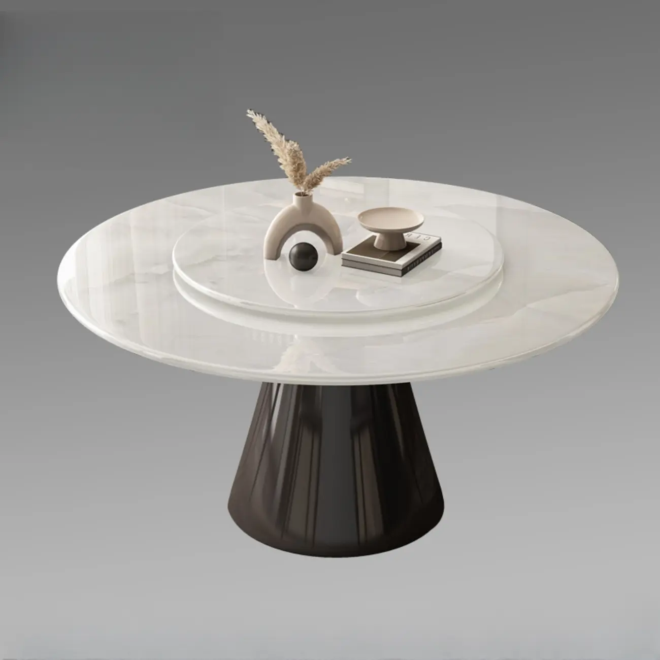 Modern White Stone Black Metal Pedestal Round Dining Table Image - 2 | homeyfad