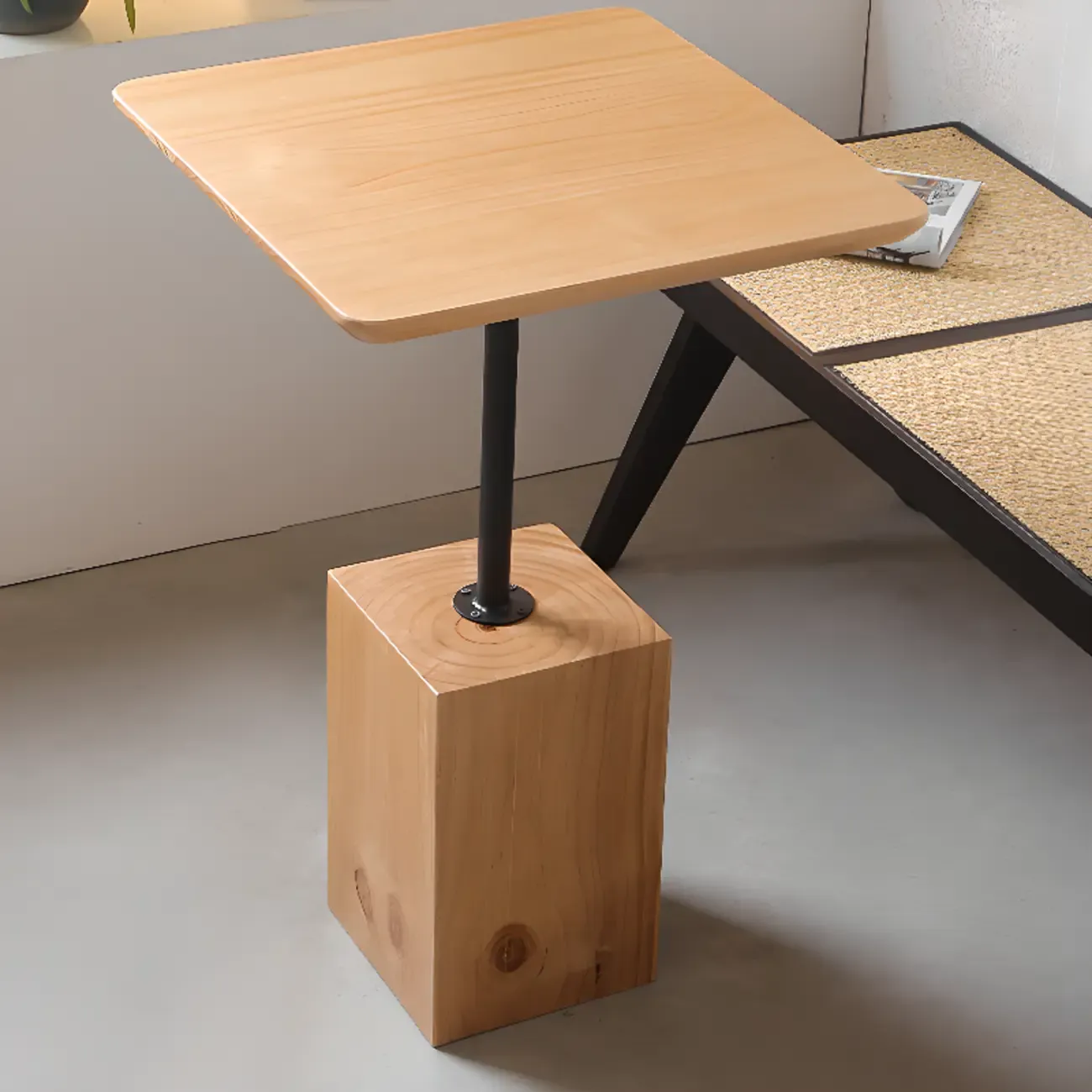 Wooden Square Modern Side Table with Block Base Image - 1