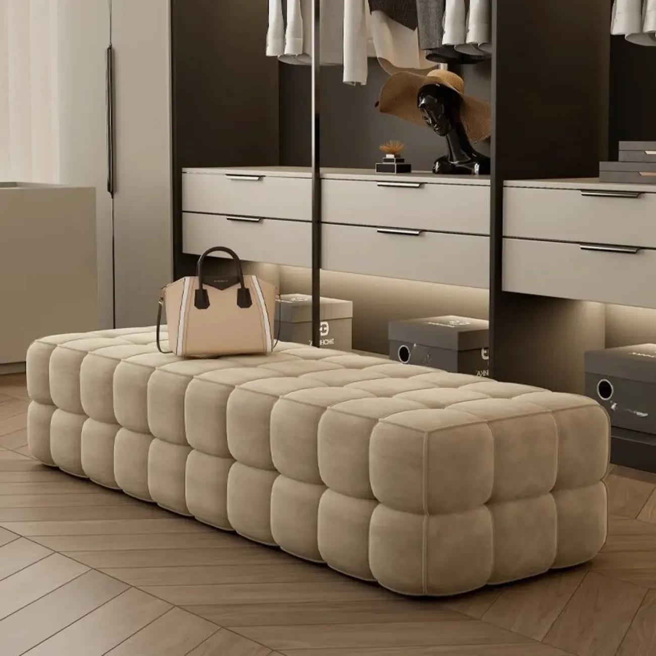 Modern Grey Velvet Upholstered Storage Bench for Bedroom Image - 4