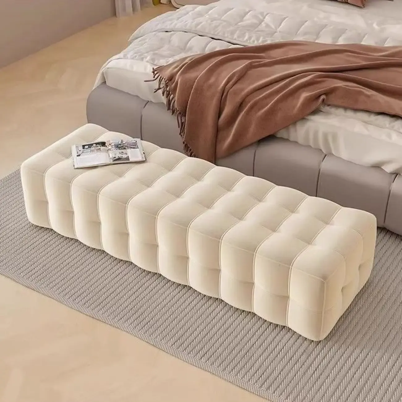 Modern Grey Velvet Upholstered Storage Bench for Bedroom Image - 2