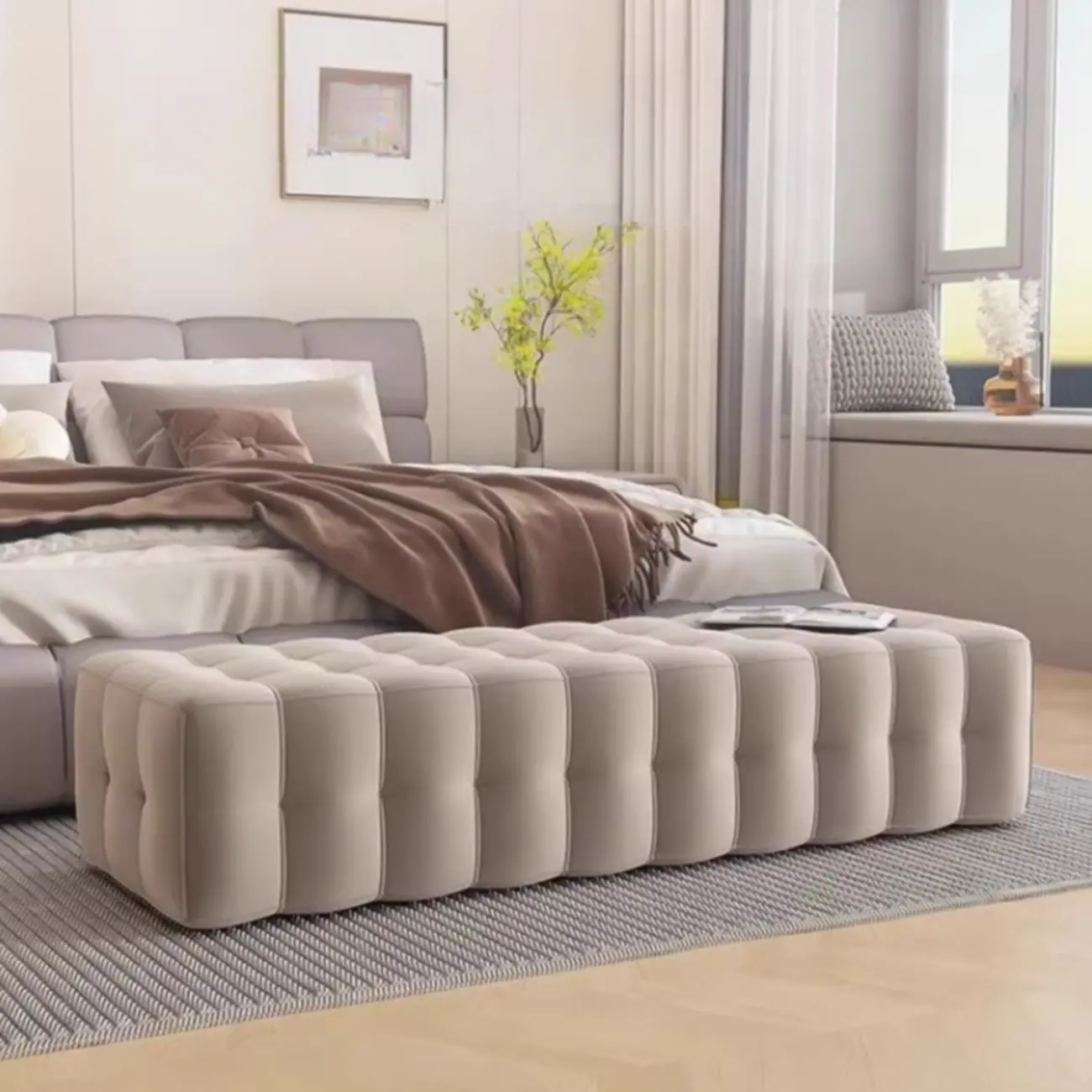 Modern Grey Velvet Upholstered Storage Bench for Bedroom Image - 1 | homeyfad