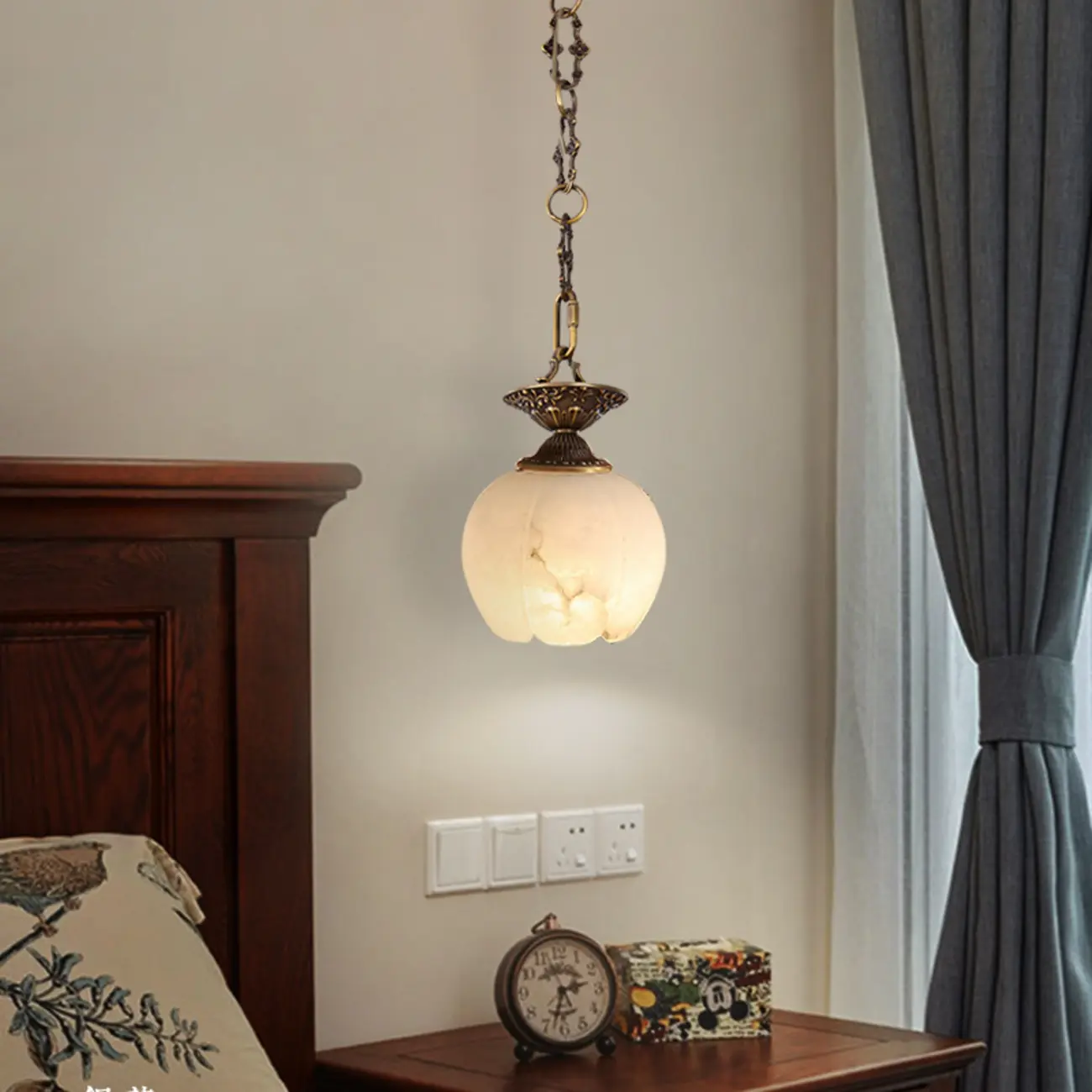 Vintage Brass Chain White Stone Pendant Light Image - 3 | homeyfad