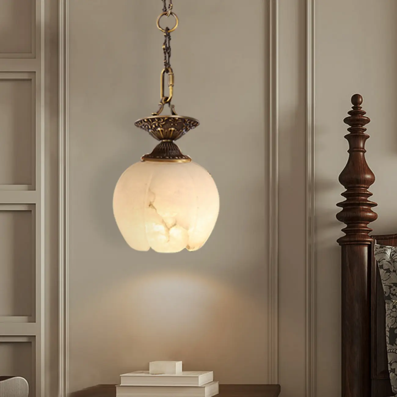 Vintage Brass Chain White Stone Pendant Light Image - 4 | homeyfad