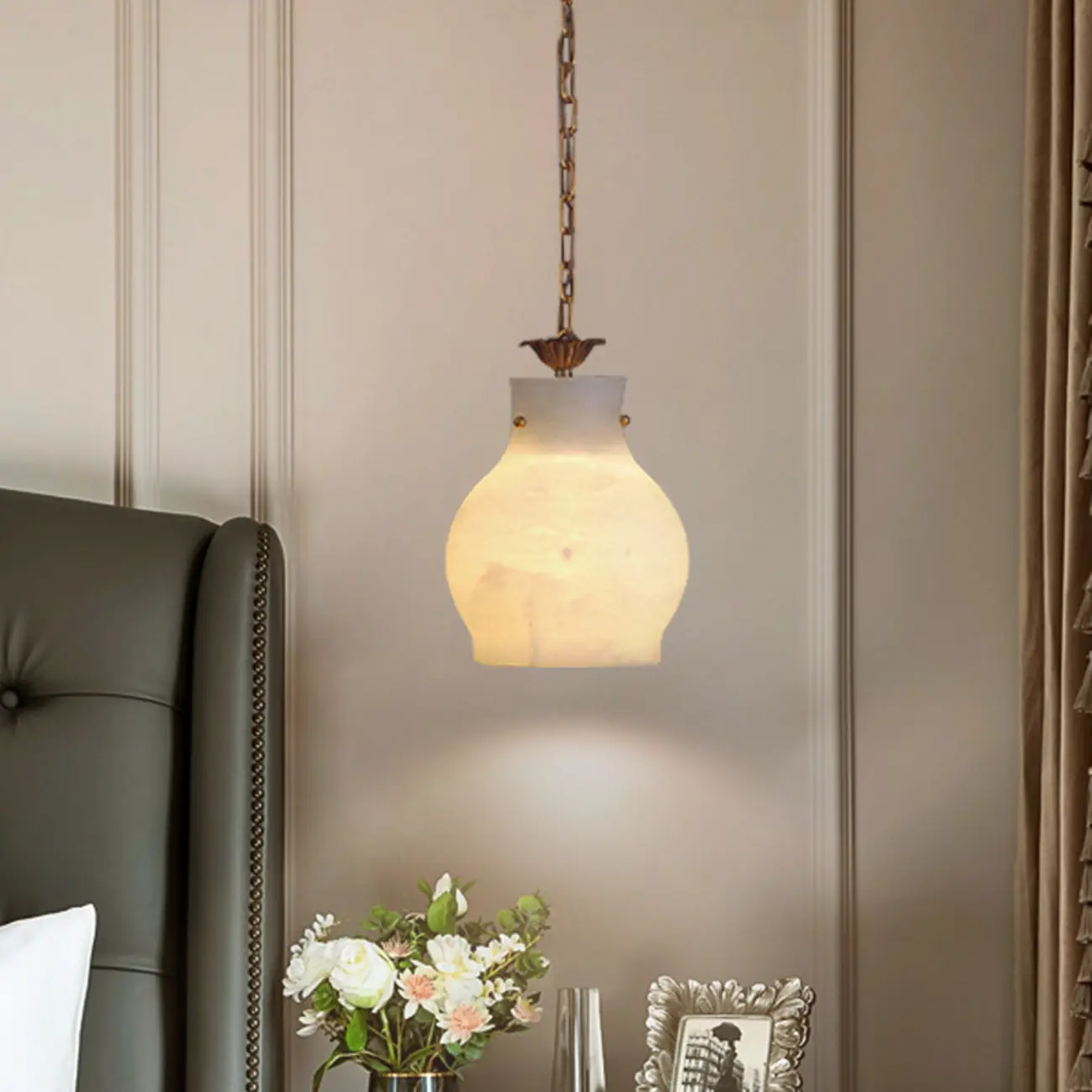 Vintage Brass Chain White Stone Pendant Light Image - 2 | homeyfad