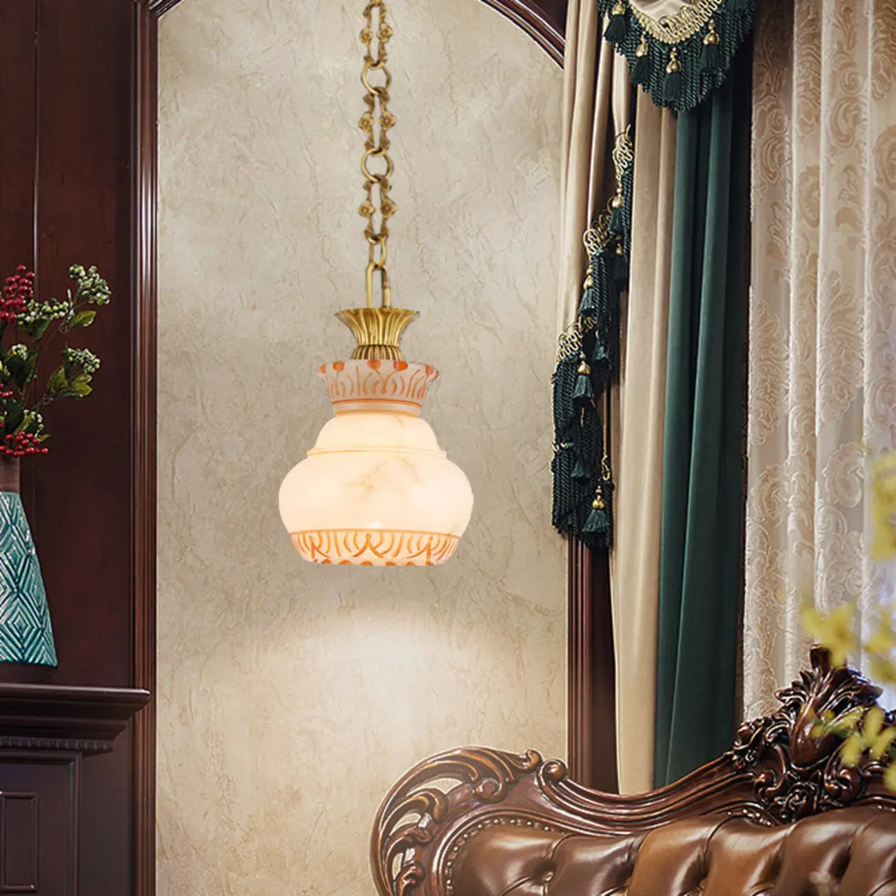 Vintage Brass Chain White Stone Pendant Light Image - 5 | homeyfad