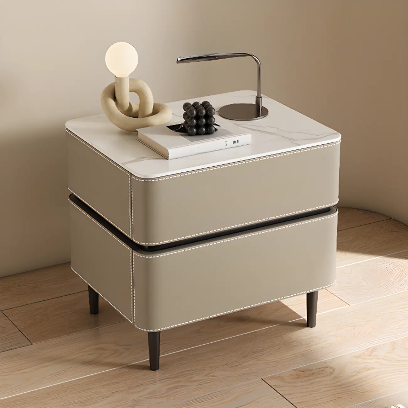 Modern Faux Marble Top Leather Rounded 2-Drawer Nightstand Image - 1 | homeyfad